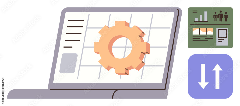 Poster laptop interface displaying gear within a grid, infographic cards, and arrows signifying data flow. 