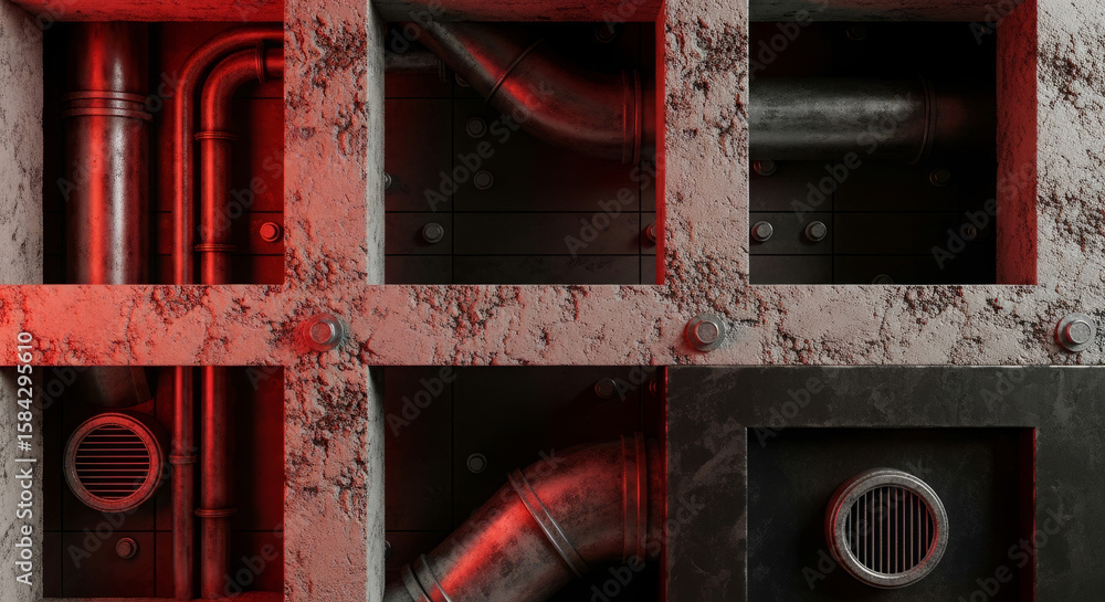 Poster a close-up of a weathered, grid-like structure with pipes and metallic elements, illuminated by red 