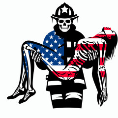 A Skeleton as Firefighter pulling victim to safety. Independence Day 4th of July American Flag Print Clipart Vector Illustration. Bony figure like rescuer aiding person during blaze.