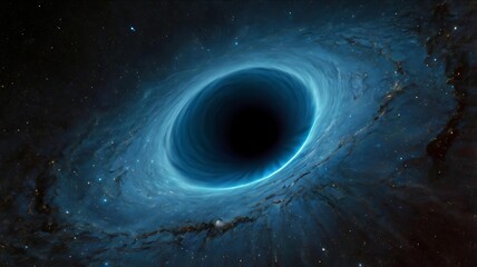 A colossal black hole, its event horizon glowing with an ethereal blue, acting as a silent, cosmic maw to another dimension.