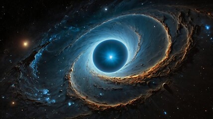 A colossal black hole, its event horizon glowing with an ethereal blue, acting as a silent, cosmic maw to another dimension.