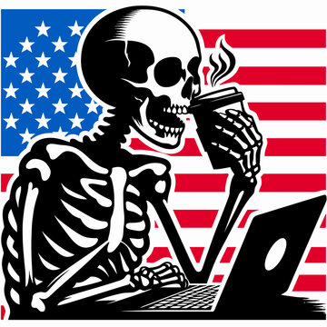 A Skeleton as Programmer drinking coffee with exhaustion. Independence Day 4th of July American Flag Print Clipart Vector Illustration. Bony coder consuming java feeling weariness burnout.