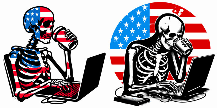 A Skeleton as Programmer drinking coffee with exhaustion. Independence Day 4th of July American Flag Print Clipart Vector Illustration. Bony coder sipping java fatigue computer work burnout.