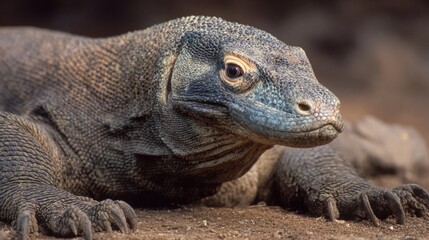 Obraz premium Komodo Dragon Resting on Ground With Sharp Shadows Highlighting Its Unique Features in a Spacious Natural Habitat
