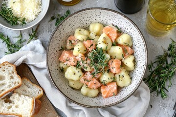 Creamy salmon gnocchi in a bowl, garnished with fresh rosemary and pepper