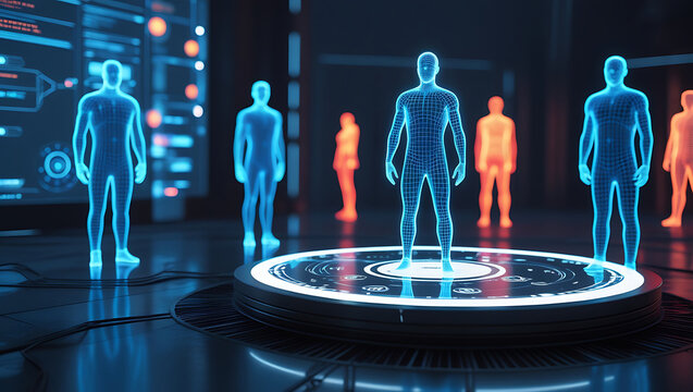 Human body wireframe scan on a futuristic medical interface for health analysis