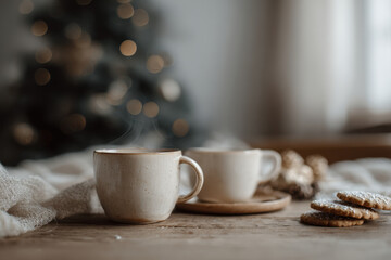 Fototapeta premium minimalist christmas celebration atmosphere in usa featuring warm festive drinks and delightful desserts creates
