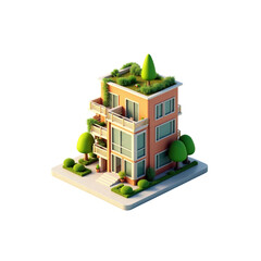 3D Isometric Modern Apartment Building with Green Roof Illustration