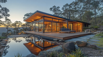 Obraz premium Modern wooden house with large glass windows and spacious deck overlooking serene infinity pool and forested landscape at sunset, creating peaceful atmosphere