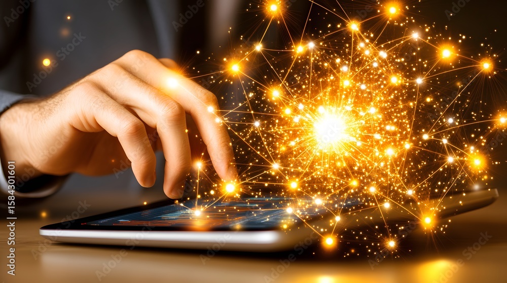 Poster person interacts with a digital network interface on a tablet.