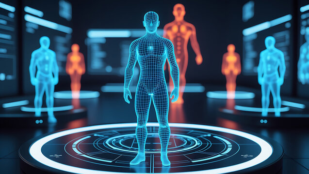 Human body wireframe scan on a futuristic medical interface for health analysis
