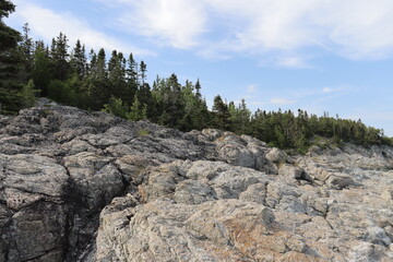 Coastline and geology formation. Rocks and pines on a riverside in Charlevoix in Quebec. Charlevoix...