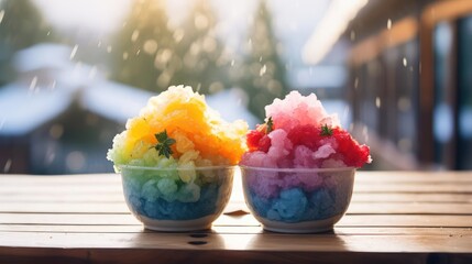 Colorful shaved ice dessert on a wooden table.
