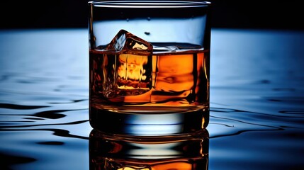 Glass of liquid with ice, reflected in water.