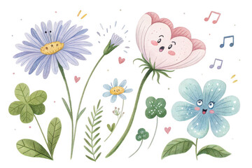 Cheerful watercolor floral arrangement featuring daisies, clover, music notes, and adorable singing flowers on a transparent background.