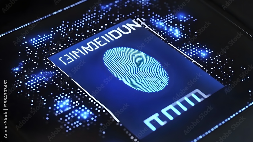 Poster a glowing fingerprint image displayed on a technological interface.