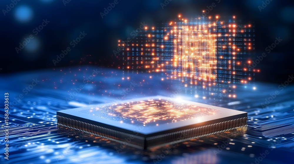  advanced computer chip with glowing data patterns.