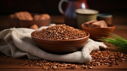 Flax seeds in a bowl, rustic still life.