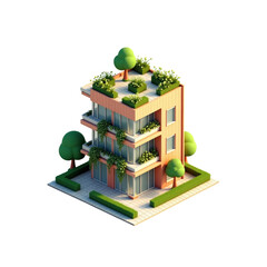3D Isometric Modern Apartment Building with Green Roof Illustration