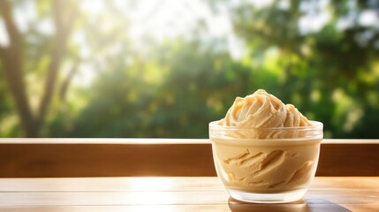 A bowl of creamy ice cream on a wooden table.