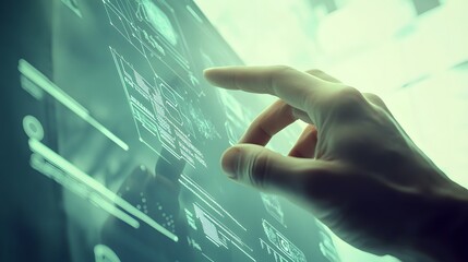 A hand interacts with a futuristic interface displaying complex data.