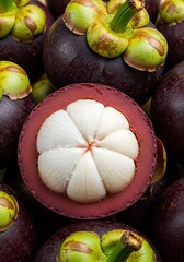 A close-up showcases vibrant mangosteen fruits, offering a glimpse of its juicy, white segments amidst a pile of fresh, purple mangosteens.