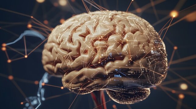 Detailed illustration of a human brain with interconnected neural pathways.