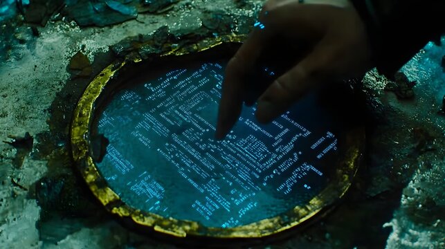 Glowing, circular display embedded in a weathered surface.