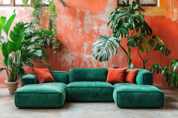 Emerald green sectional sofa in a room with lush plants and a coral-toned wall