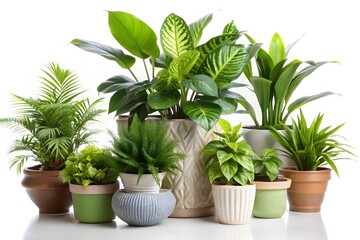 Obraz premium A diverse collection of vibrant green houseplants in decorative pots arranged on a white background