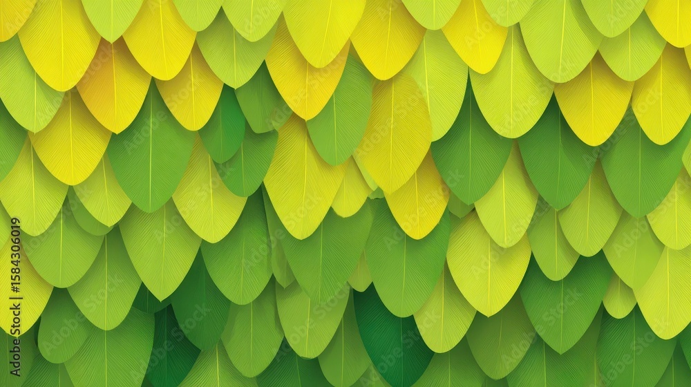 Poster a repeating pattern of overlapping leaves in shades of green and yellow.