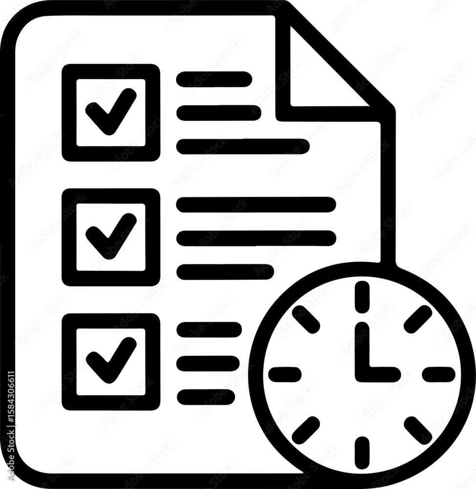 Poster checklist with completed tasks and a clock symbolizing time management