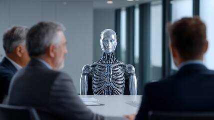 AI robot assistant presenting data to business executives in a modern conference room, clean futuristic aesthetic