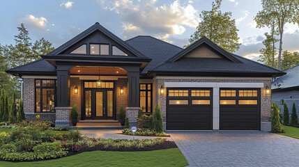 Modern luxury one level house exterior with brick trim, black roof, and large windows during sunset, surrounded by landscaped garden and driveway with garage doors