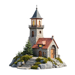 Fototapeta premium Whimsical Stone Castle Tower with Conical Roof on Rocky Outcrop Featuring Evergreen Trees and Staircase