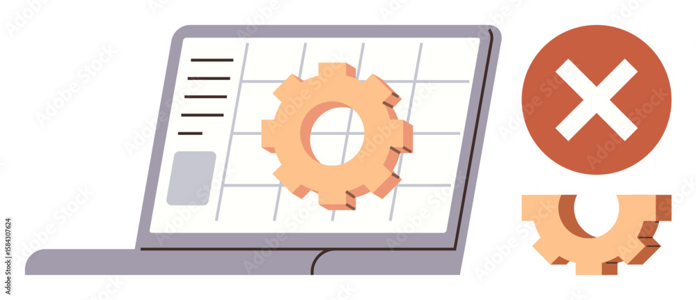 Poster laptop with a gear symbol on-screen, broken gear below, and cross sign indicating error or issue. id