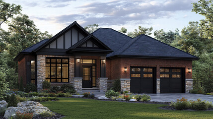 Obraz premium Modern brick house exterior with stone trim and black roof, featuring two car garage and landscaped front yard under cloudy sky, creating calm and inviting atmosphere