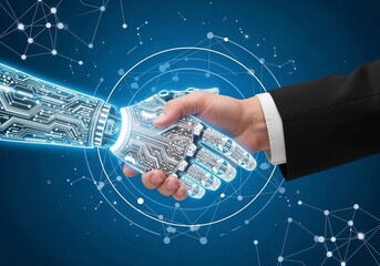 Human and robotic hands shaking symbolizing collaboration between technology and people against a futuristic digital backdrop.
