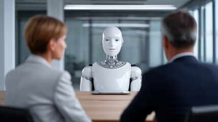 AI robot assistant presenting data to business executives in a modern conference room, clean futuristic aesthetic