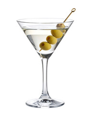 A classic martini cocktail with olives, presented in a stemmed glass, isolated on transparent background.
