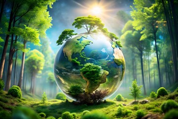 Vibrant earth globe nestled in lush forest with sunbeams illuminating a verdant landscape