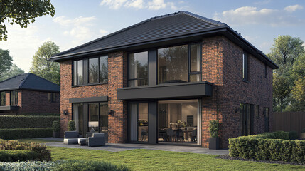 Fototapeta premium Modern detached house with brick facade and large windows features terrace and garden with outdoor seating, surrounded by greenery under partly cloudy sky