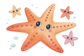 Adorable watercolor starfish illustrations on a transparent background, perfect for cute designs and summertime ocean themes.