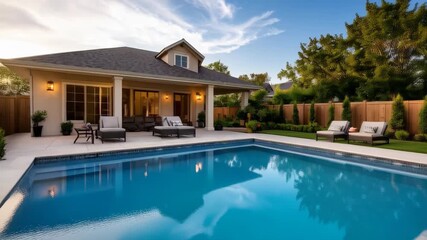 Luxurious home exterior showcasing backyard swimming pool and modern lounge furniture under a sunny sky - Powered by Adobe