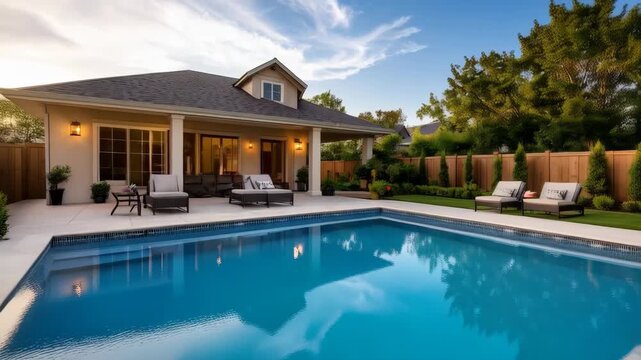 Luxurious home exterior showcasing backyard swimming pool and modern lounge furniture under a sunny sky