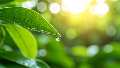 Fototapeta premium Emerald Dew: A close-up shot captures a single, glistening water droplet hanging delicately from a vibrant, verdant leaf, bathed in soft, natural sunlight, showcasing the beauty of nature's freshness.