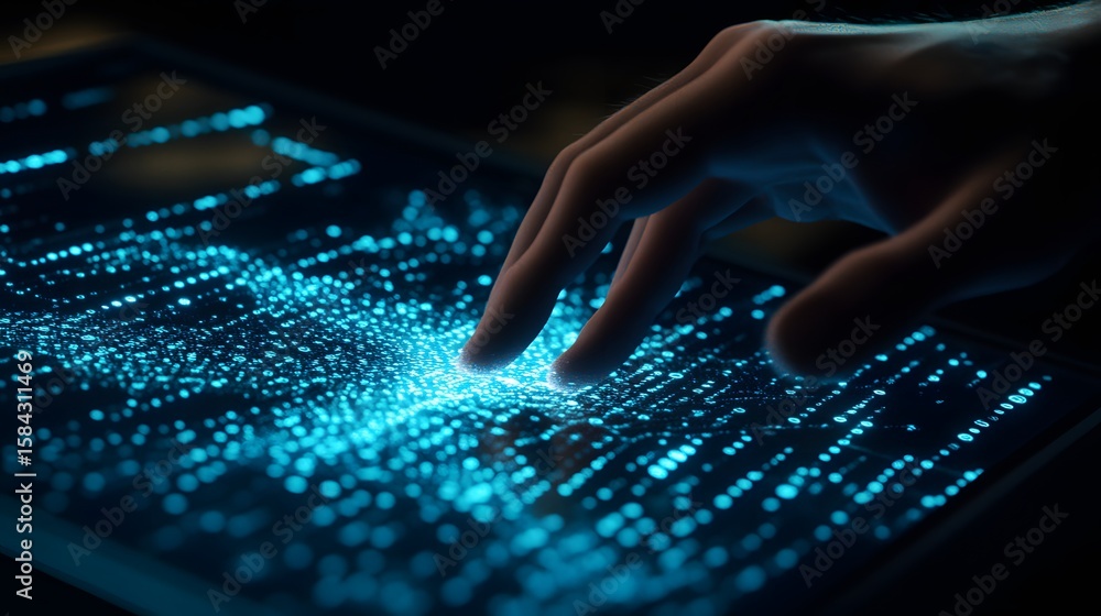 Poster close-up of a hand interacting with a luminous data display.