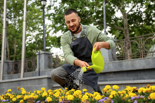 Male gardener watering flowers in park