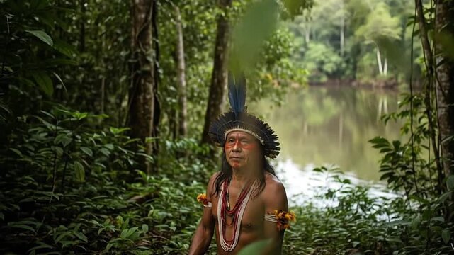 Brazilian indigenous person in the Amazon rainforest with calm river behind. Authentic, natural image for editorial use and stock licensing.