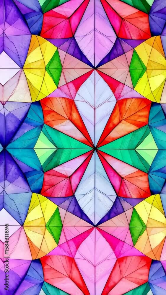 Poster abstract geometric pattern with colorful triangle shapes arranged symmetrically with kaleidoscopic e